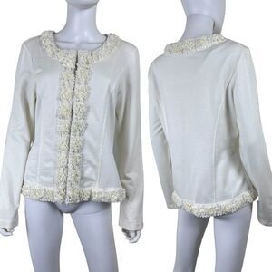Nick & Mo Women Size L Cream Cotton Floral Ruffle Sweater Cardigan NEW Jacket